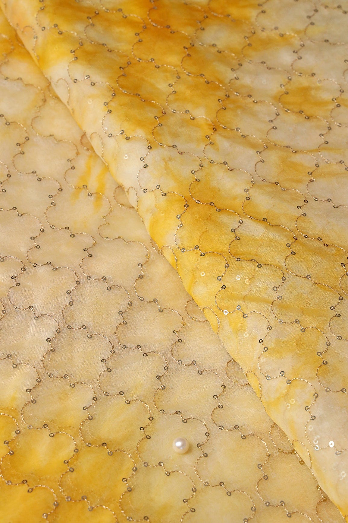 AIzaSyBcstauz-XMPRhEY21AUzeo032pxrXB5Ug - Gold Sequins With Gold Zari Ogee Embroidery Work On Tie & Dye Yellow Organza Fabric