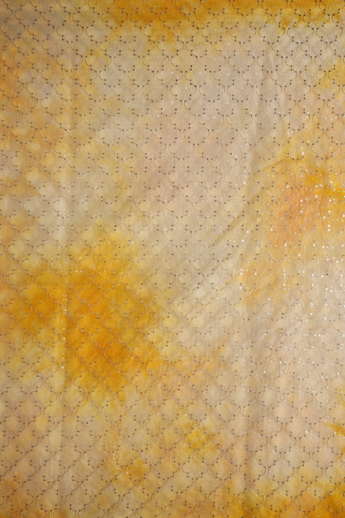 AIzaSyBcstauz-XMPRhEY21AUzeo032pxrXB5Ug - Gold Sequins With Gold Zari Ogee Embroidery Work On Tie & Dye Yellow Organza Fabric