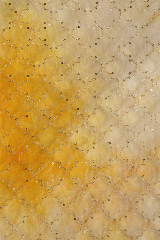 AIzaSyBcstauz-XMPRhEY21AUzeo032pxrXB5Ug - Gold Sequins With Gold Zari Ogee Embroidery Work On Tie & Dye Yellow Organza Fabric