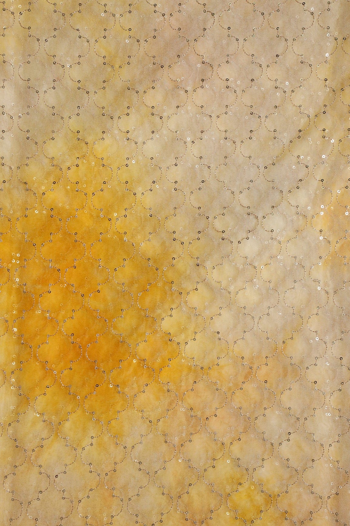 AIzaSyBcstauz-XMPRhEY21AUzeo032pxrXB5Ug - Gold Sequins With Gold Zari Ogee Embroidery Work On Tie & Dye Yellow Organza Fabric