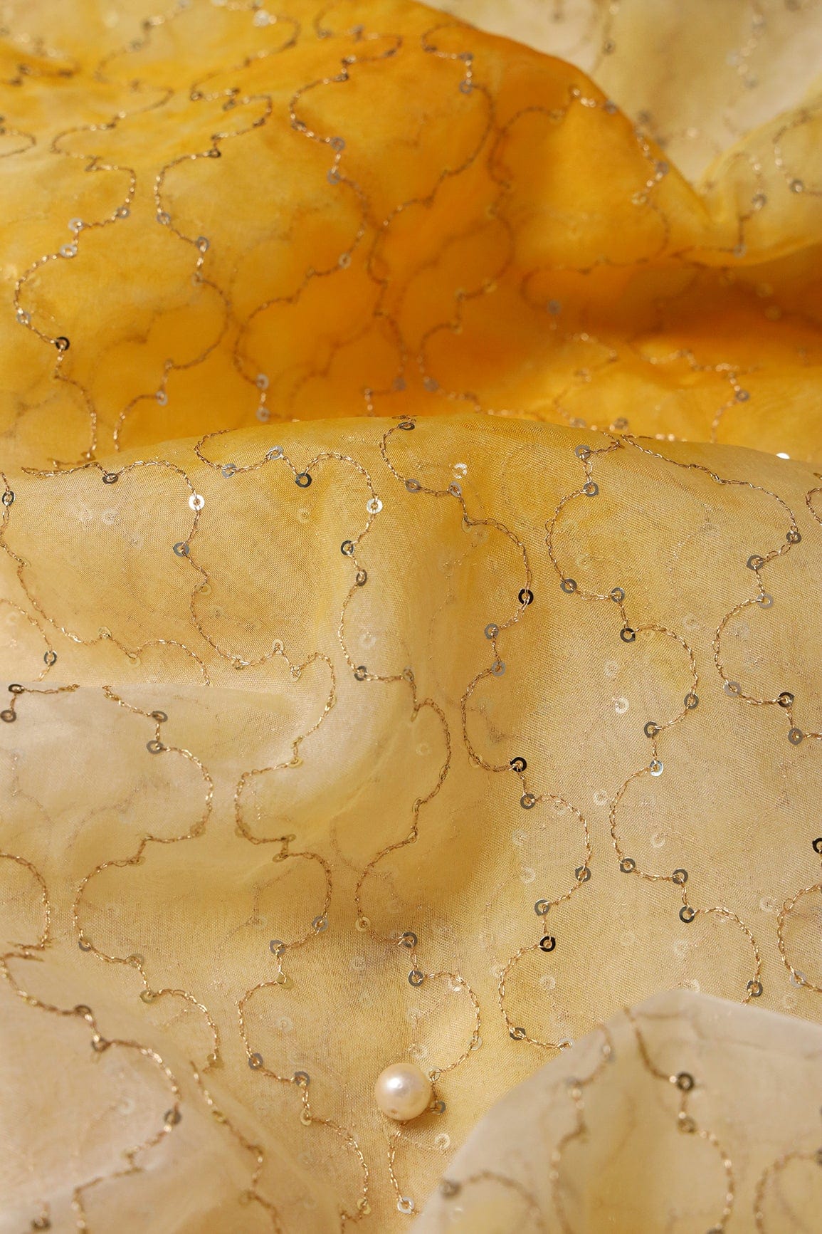AIzaSyBcstauz-XMPRhEY21AUzeo032pxrXB5Ug - Gold Sequins With Gold Zari Ogee Embroidery Work On Tie & Dye Yellow Organza Fabric