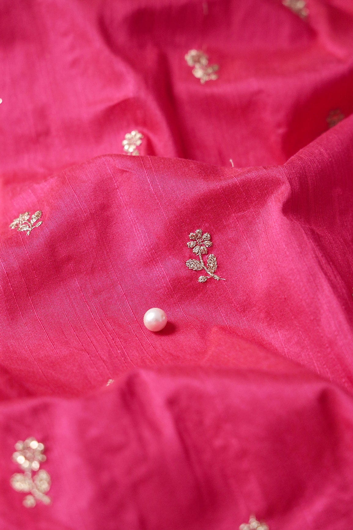 AIzaSyBcstauz-XMPRhEY21AUzeo032pxrXB5Ug - Gold Sequins With Gold Zari Small Floral Motif Embroidery Work On Fuchsia Raw Silk Fabric