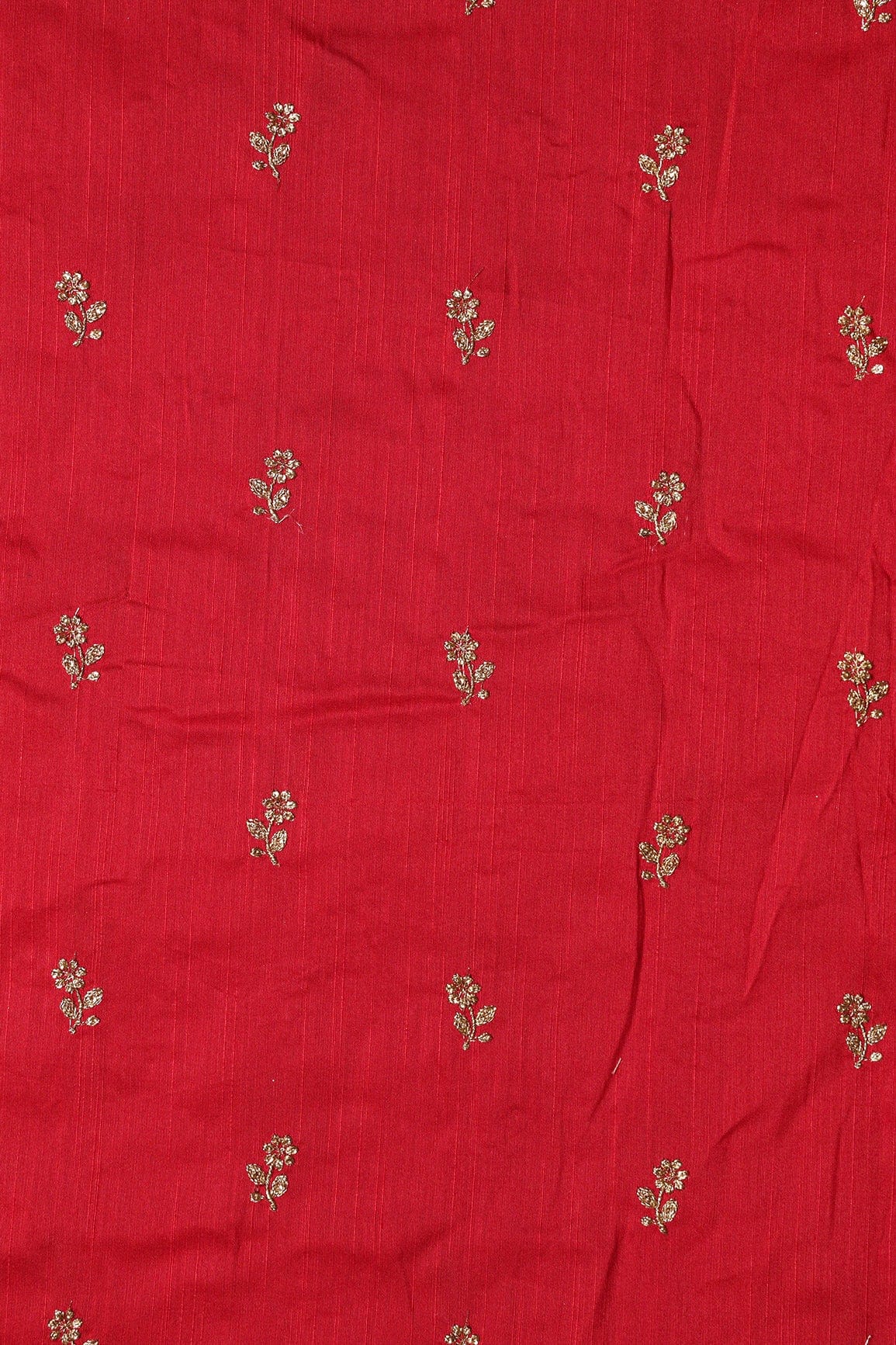 AIzaSyBcstauz-XMPRhEY21AUzeo032pxrXB5Ug - Gold Sequins With Gold Zari Small Floral Motif Embroidery Work On Red Raw Silk Fabric