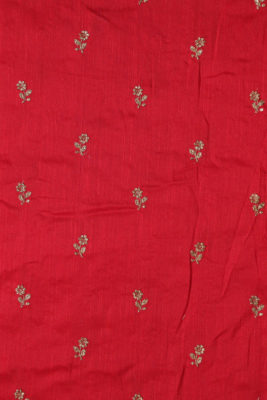 AIzaSyBcstauz-XMPRhEY21AUzeo032pxrXB5Ug - Gold Sequins With Gold Zari Small Floral Motif Embroidery Work On Red Raw Silk Fabric