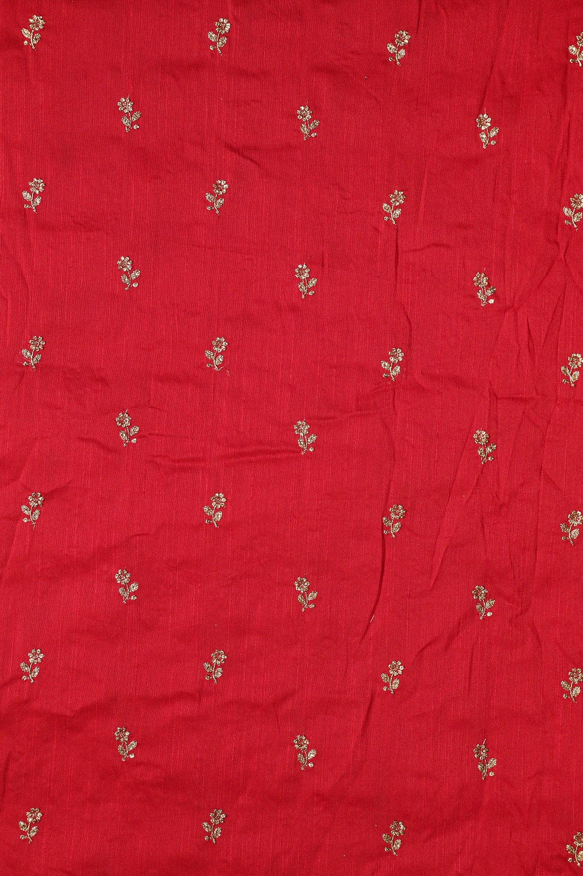 AIzaSyBcstauz-XMPRhEY21AUzeo032pxrXB5Ug - Gold Sequins With Gold Zari Small Floral Motif Embroidery Work On Red Raw Silk Fabric