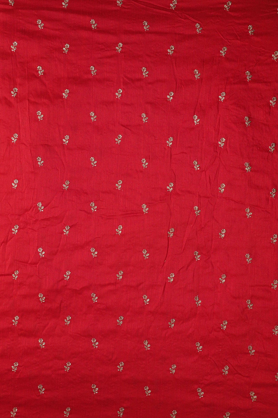 AIzaSyBcstauz-XMPRhEY21AUzeo032pxrXB5Ug - Gold Sequins With Gold Zari Small Floral Motif Embroidery Work On Red Raw Silk Fabric