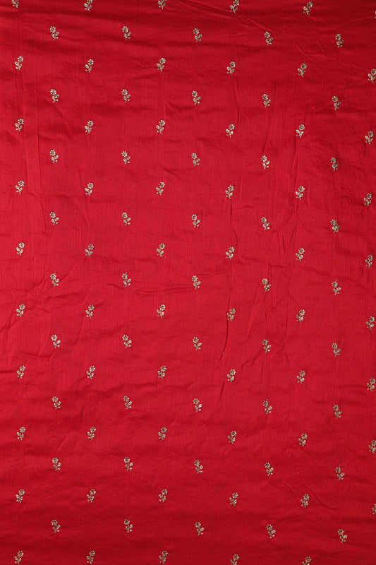 AIzaSyBcstauz-XMPRhEY21AUzeo032pxrXB5Ug - Gold Sequins With Gold Zari Small Floral Motif Embroidery Work On Red Raw Silk Fabric