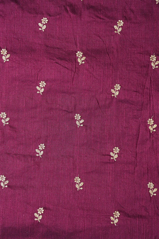 AIzaSyBcstauz-XMPRhEY21AUzeo032pxrXB5Ug - Gold Sequins With Gold Zari Small Floral Motif Embroidery Work On Wine Raw Silk Fabric