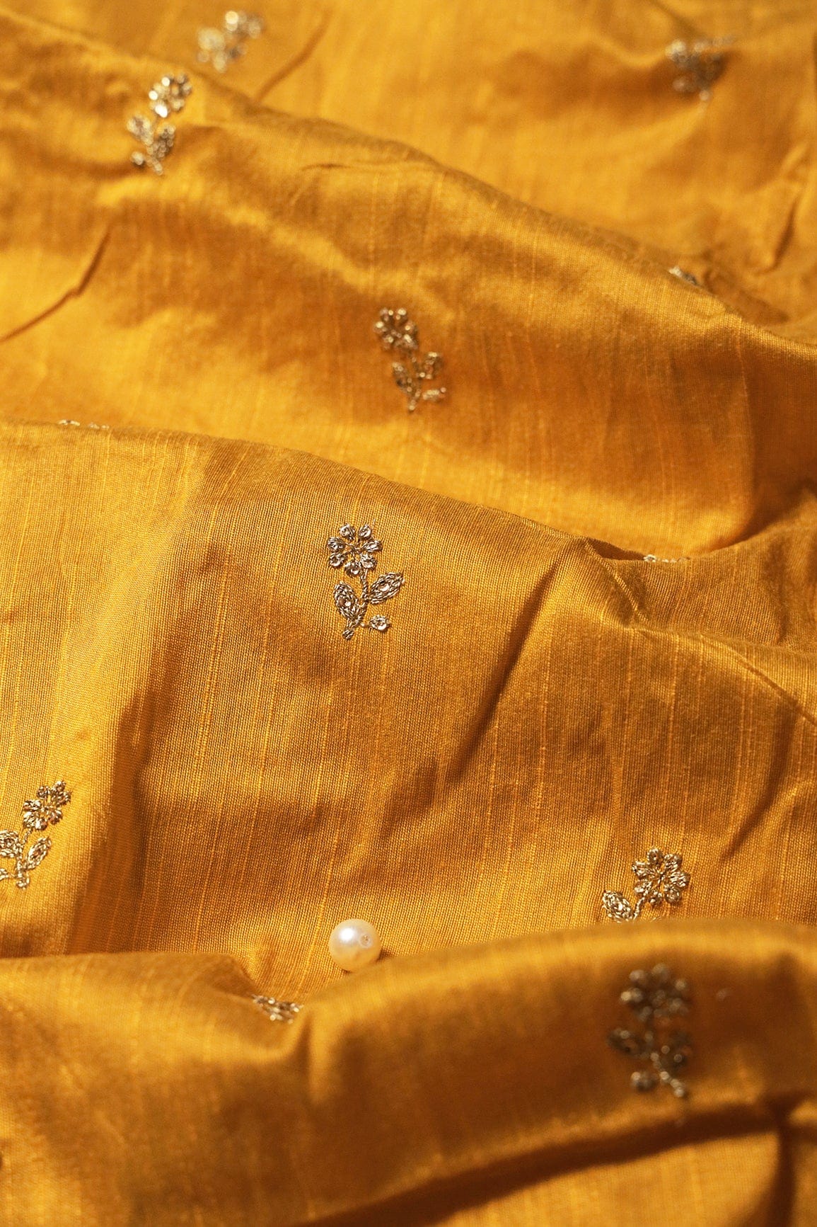 AIzaSyBcstauz-XMPRhEY21AUzeo032pxrXB5Ug - Gold Sequins With Gold Zari Small Floral Motif Embroidery Work On Yellow Raw Silk Fabric