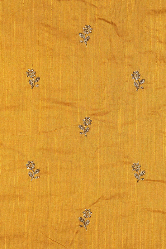 AIzaSyBcstauz-XMPRhEY21AUzeo032pxrXB5Ug - Gold Sequins With Gold Zari Small Floral Motif Embroidery Work On Yellow Raw Silk Fabric