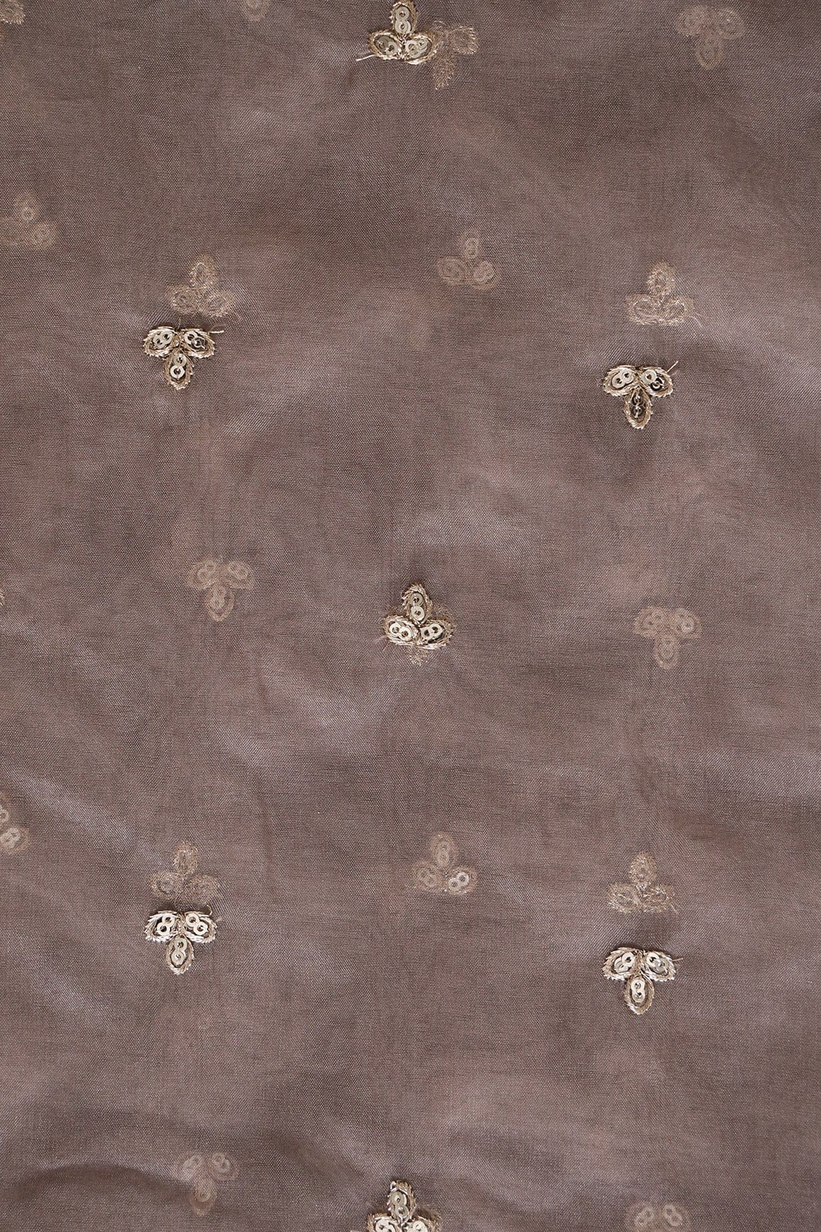 AIzaSyBcstauz-XMPRhEY21AUzeo032pxrXB5Ug - Gold Sequins With Gold Zari Small Leafy Motif Embroidery Work On Brown Organza Fabric