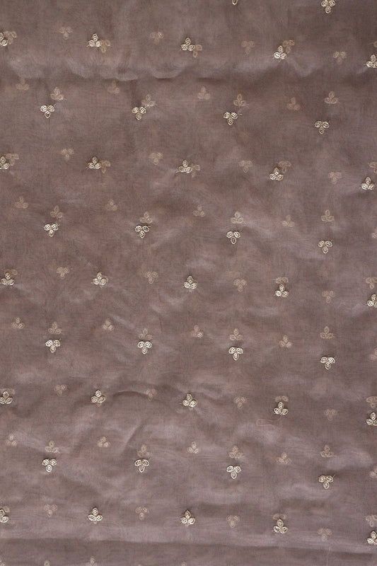 AIzaSyBcstauz-XMPRhEY21AUzeo032pxrXB5Ug - Gold Sequins With Gold Zari Small Leafy Motif Embroidery Work On Brown Organza Fabric