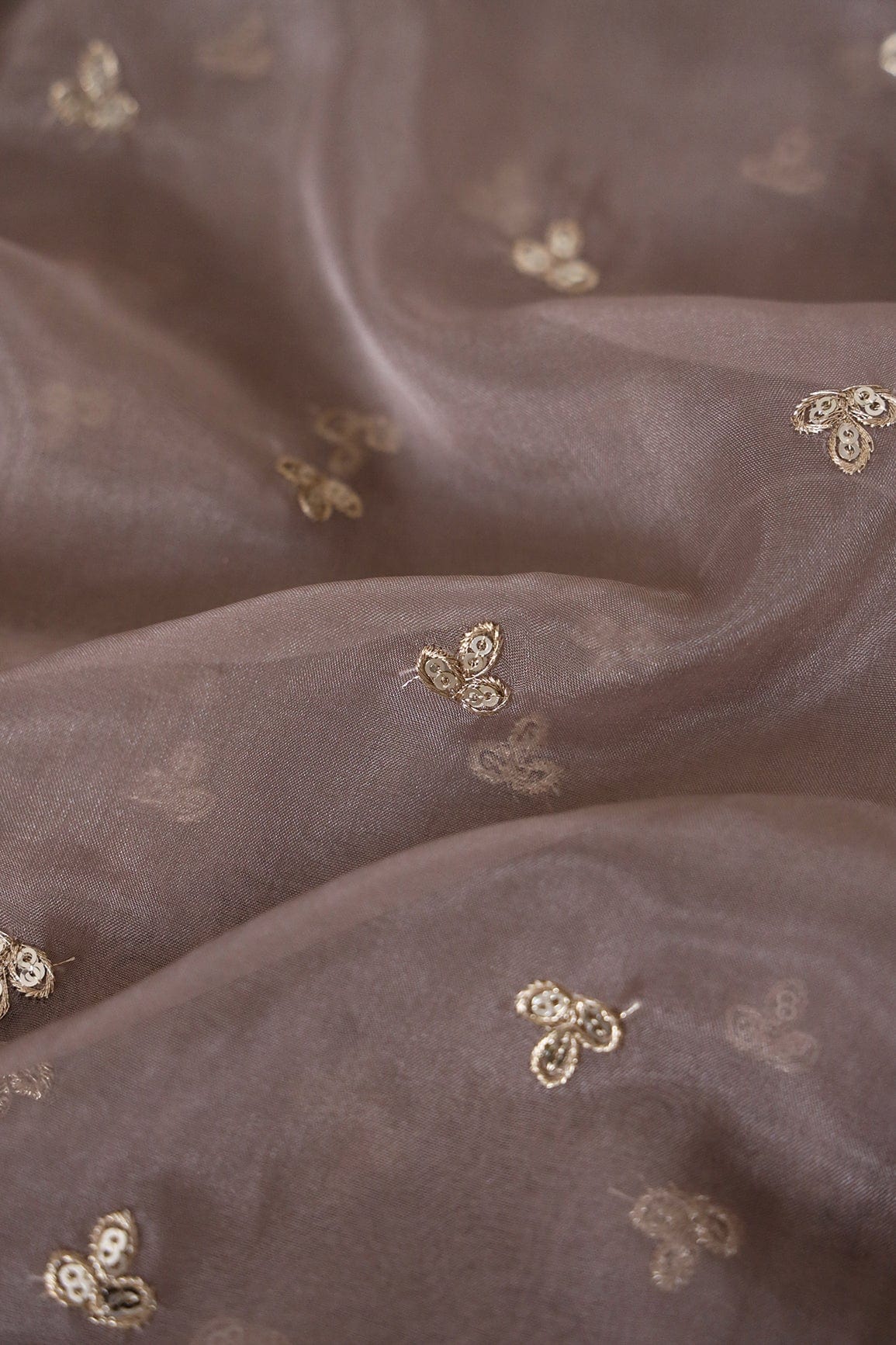 AIzaSyBcstauz-XMPRhEY21AUzeo032pxrXB5Ug - Gold Sequins With Gold Zari Small Leafy Motif Embroidery Work On Brown Organza Fabric