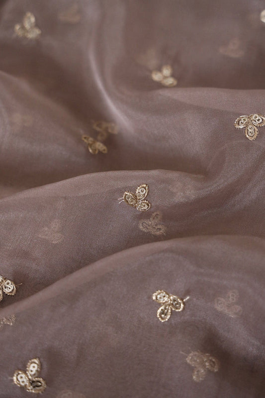 AIzaSyBcstauz-XMPRhEY21AUzeo032pxrXB5Ug - Gold Sequins With Gold Zari Small Leafy Motif Embroidery Work On Brown Organza Fabric
