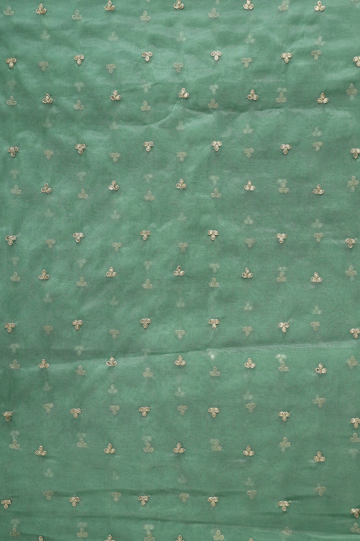 AIzaSyBcstauz-XMPRhEY21AUzeo032pxrXB5Ug - Gold Sequins With Gold Zari Small Leafy Motif Embroidery Work On Olive Organza Fabric