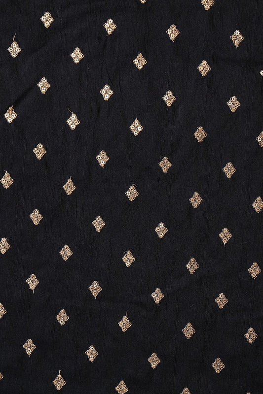 AIzaSyBcstauz-XMPRhEY21AUzeo032pxrXB5Ug - Gold Sequins With Gold Zari Small Motif Embroidery Work On Black Raw Silk Fabric