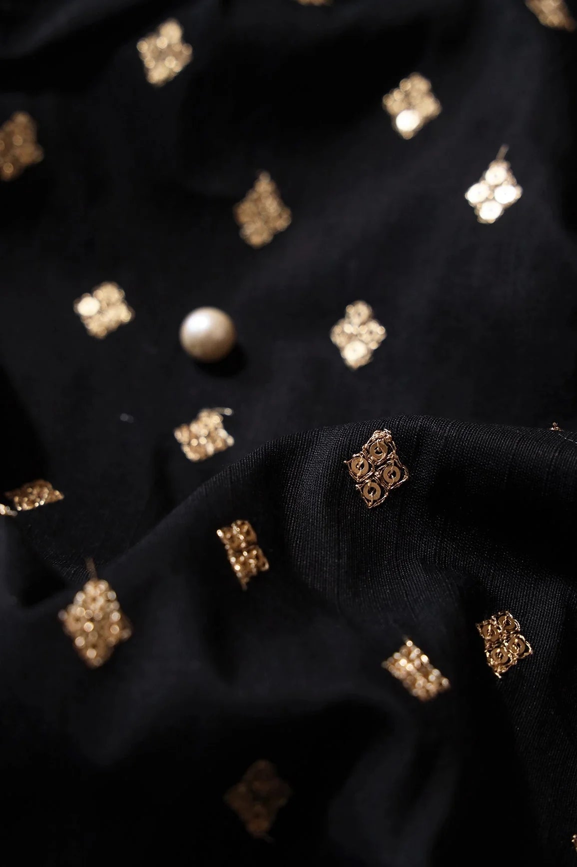 AIzaSyBcstauz-XMPRhEY21AUzeo032pxrXB5Ug - Gold Sequins With Gold Zari Small Motif Embroidery Work On Black Raw Silk Fabric