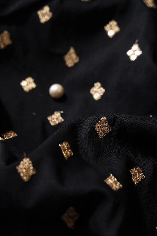 AIzaSyBcstauz-XMPRhEY21AUzeo032pxrXB5Ug - Gold Sequins With Gold Zari Small Motif Embroidery Work On Black Raw Silk Fabric
