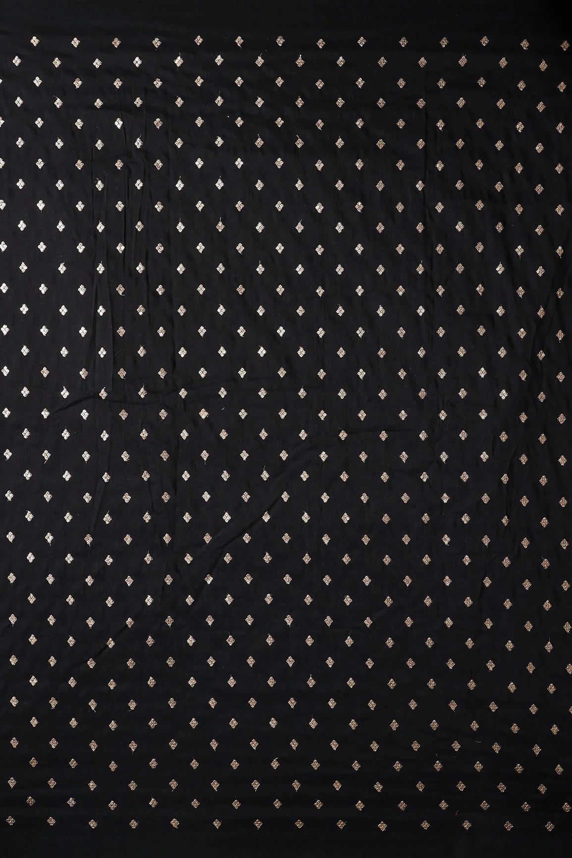 AIzaSyBcstauz-XMPRhEY21AUzeo032pxrXB5Ug - Gold Sequins With Gold Zari Small Motif Embroidery Work On Black Raw Silk Fabric