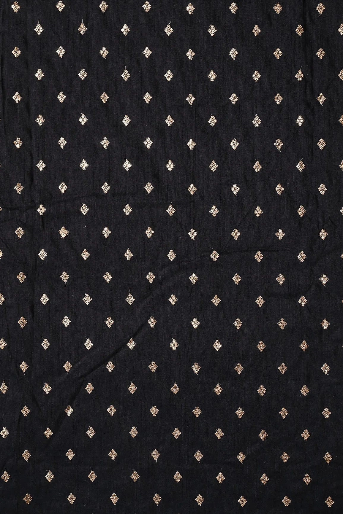 AIzaSyBcstauz-XMPRhEY21AUzeo032pxrXB5Ug - Gold Sequins With Gold Zari Small Motif Embroidery Work On Black Raw Silk Fabric