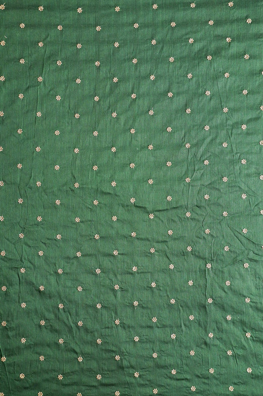 AIzaSyBcstauz-XMPRhEY21AUzeo032pxrXB5Ug - Gold Sequins With Gold Zari Small Motif Embroidery Work On Bottle Green Raw Silk Fabric