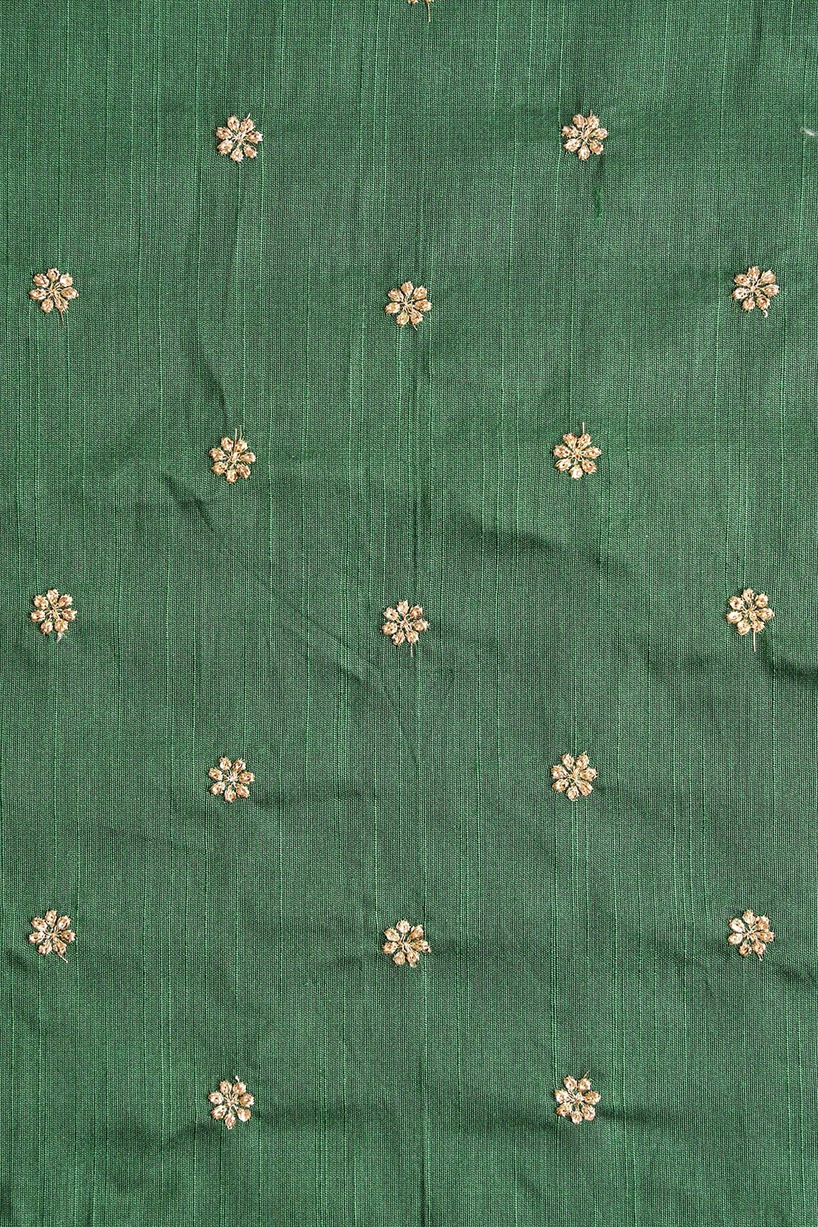 AIzaSyBcstauz-XMPRhEY21AUzeo032pxrXB5Ug - Gold Sequins With Gold Zari Small Motif Embroidery Work On Bottle Green Raw Silk Fabric