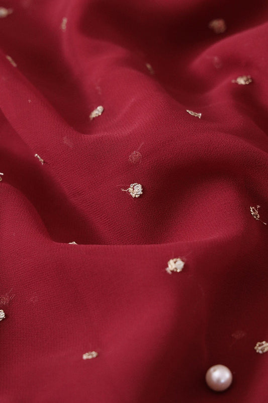 AIzaSyBcstauz-XMPRhEY21AUzeo032pxrXB5Ug - Gold Sequins With Gold Zari Small Motif Embroidery Work On Dark Maroon Georgette Fabric