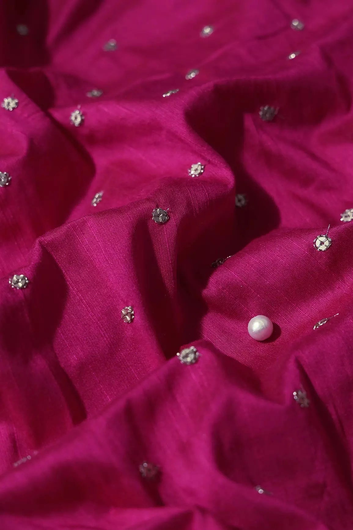AIzaSyBcstauz-XMPRhEY21AUzeo032pxrXB5Ug - Gold Sequins With Gold Zari Small Motif Embroidery Work On Fuchsia Raw Silk Fabric