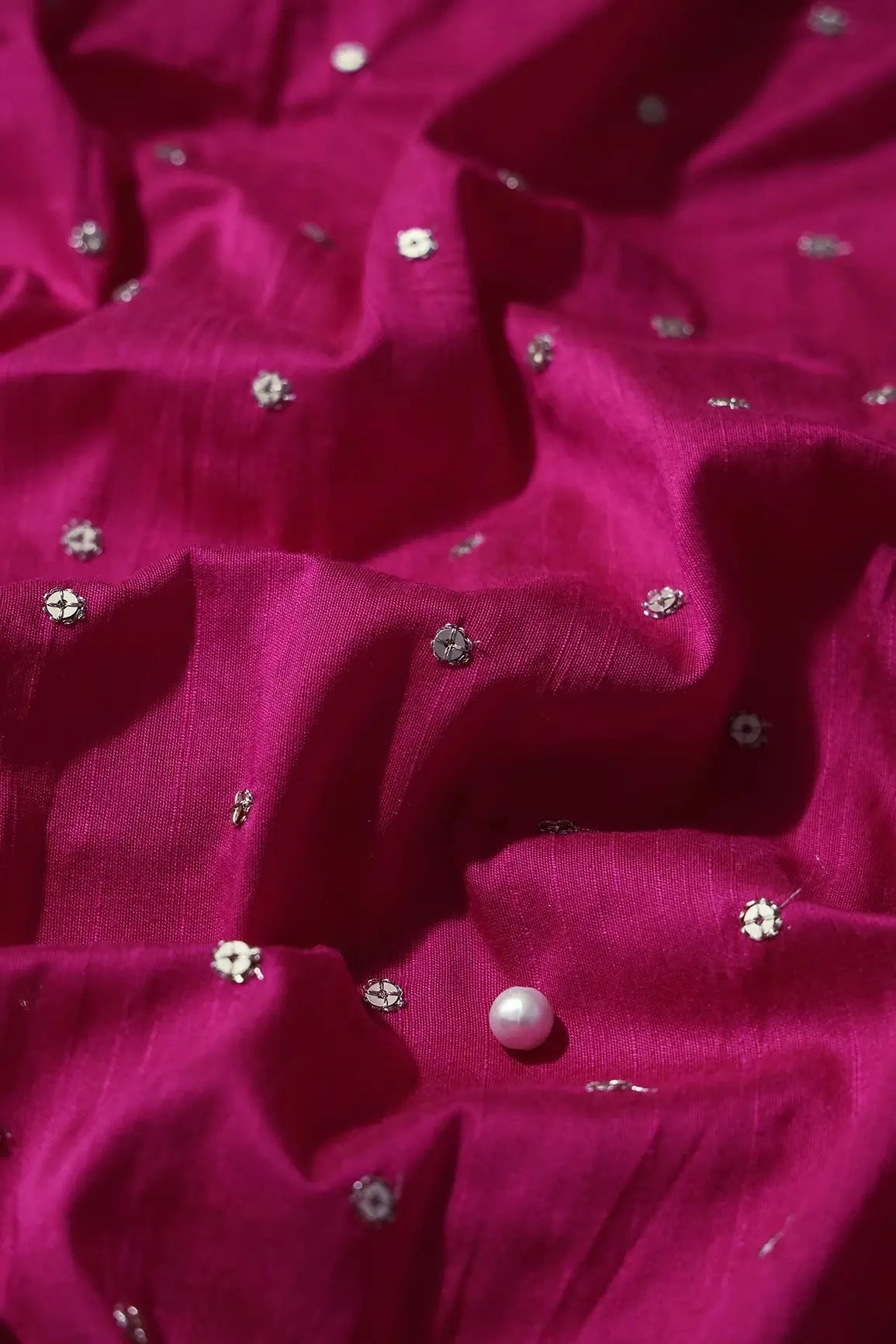 AIzaSyBcstauz-XMPRhEY21AUzeo032pxrXB5Ug - Gold Sequins With Gold Zari Small Motif Embroidery Work On Fuchsia Raw Silk Fabric