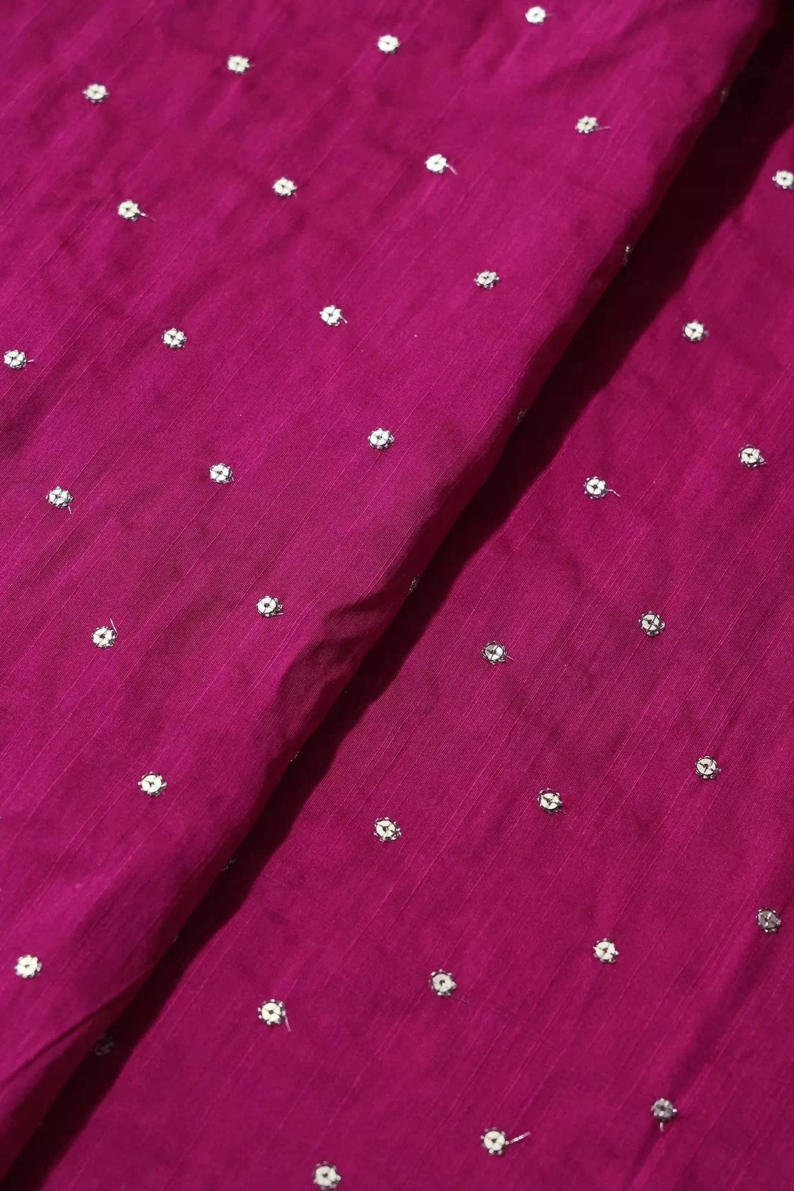 AIzaSyBcstauz-XMPRhEY21AUzeo032pxrXB5Ug - Gold Sequins With Gold Zari Small Motif Embroidery Work On Fuchsia Raw Silk Fabric