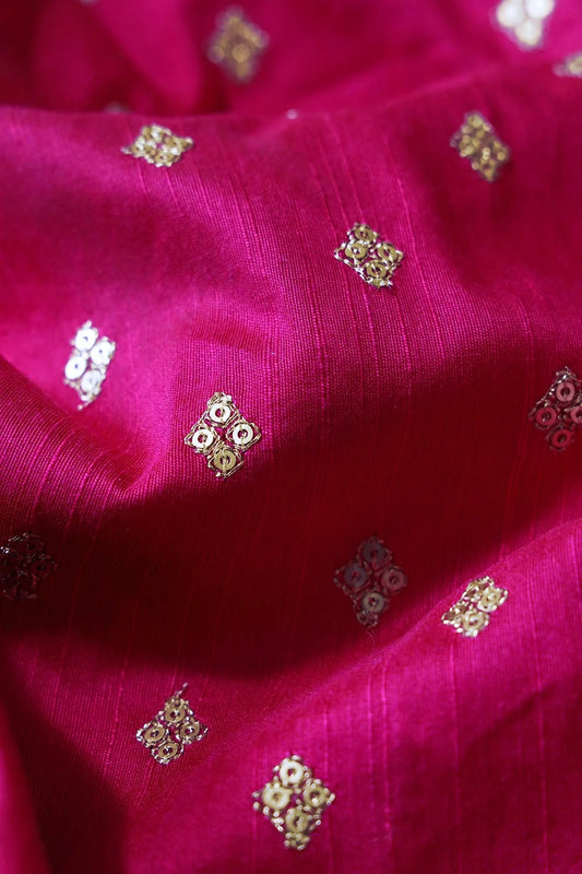 AIzaSyBcstauz-XMPRhEY21AUzeo032pxrXB5Ug - Gold Sequins With Gold Zari Small Motif Embroidery Work On Fuchsia Raw Silk Fabric