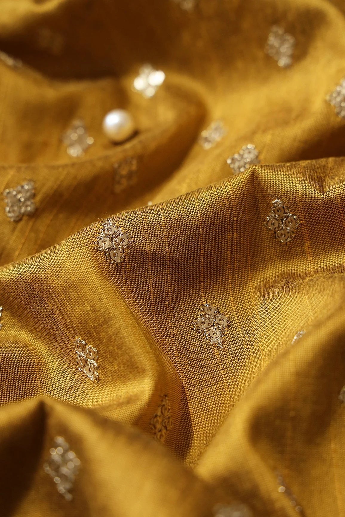 AIzaSyBcstauz-XMPRhEY21AUzeo032pxrXB5Ug - Gold Sequins With Gold Zari Small Motif Embroidery Work On Mustard Raw Silk Fabric