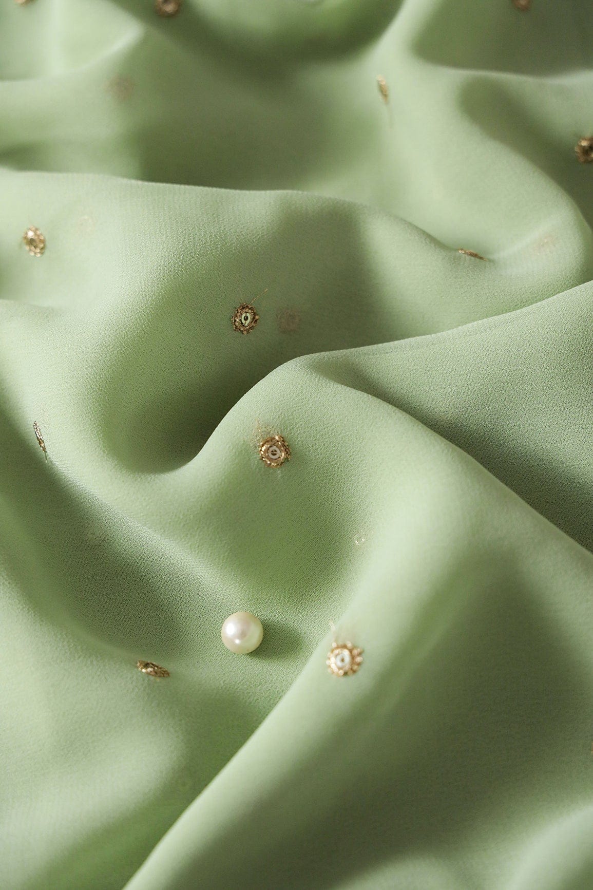 AIzaSyBcstauz-XMPRhEY21AUzeo032pxrXB5Ug - Gold Sequins With Gold Zari Small Motif Embroidery Work On Olive Georgette Fabric