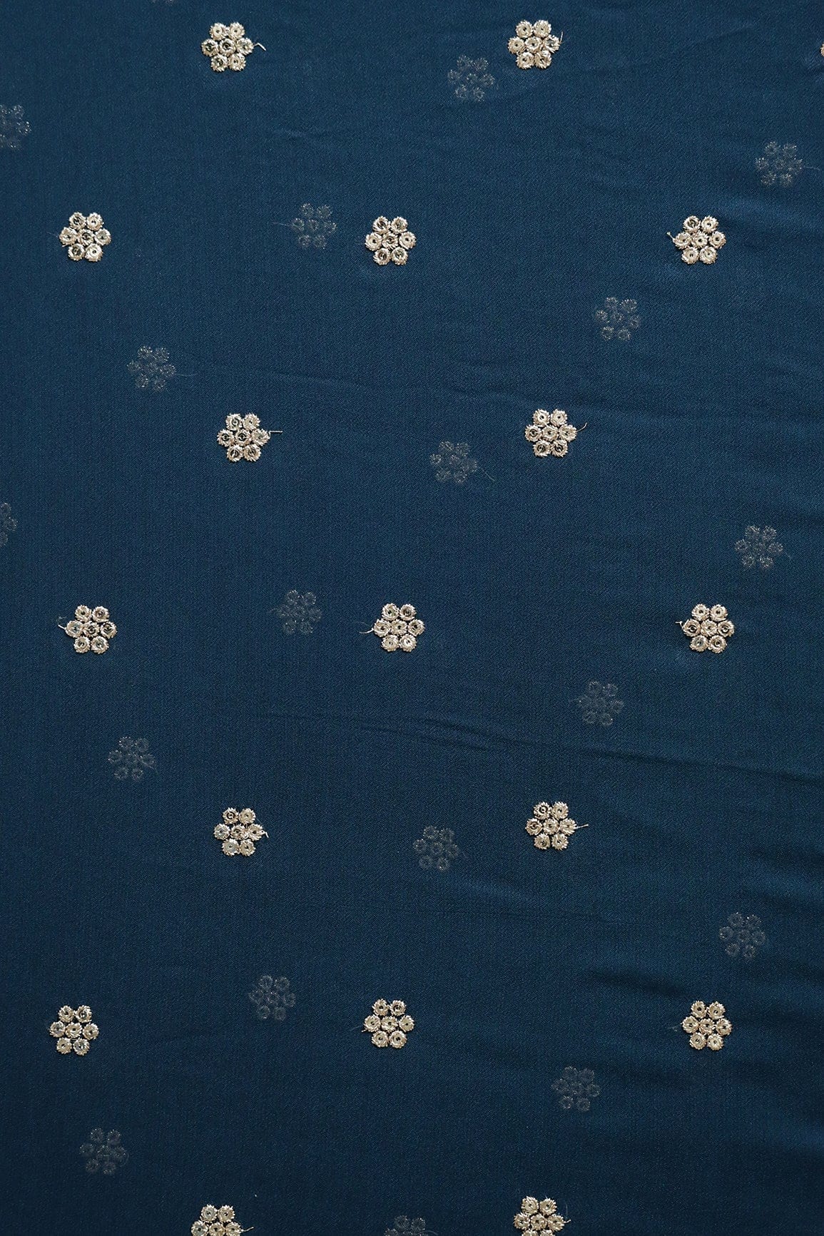 AIzaSyBcstauz-XMPRhEY21AUzeo032pxrXB5Ug - Gold Sequins With Gold Zari Small Motif Embroidery Work On Prussian Blue Georgette Fabric