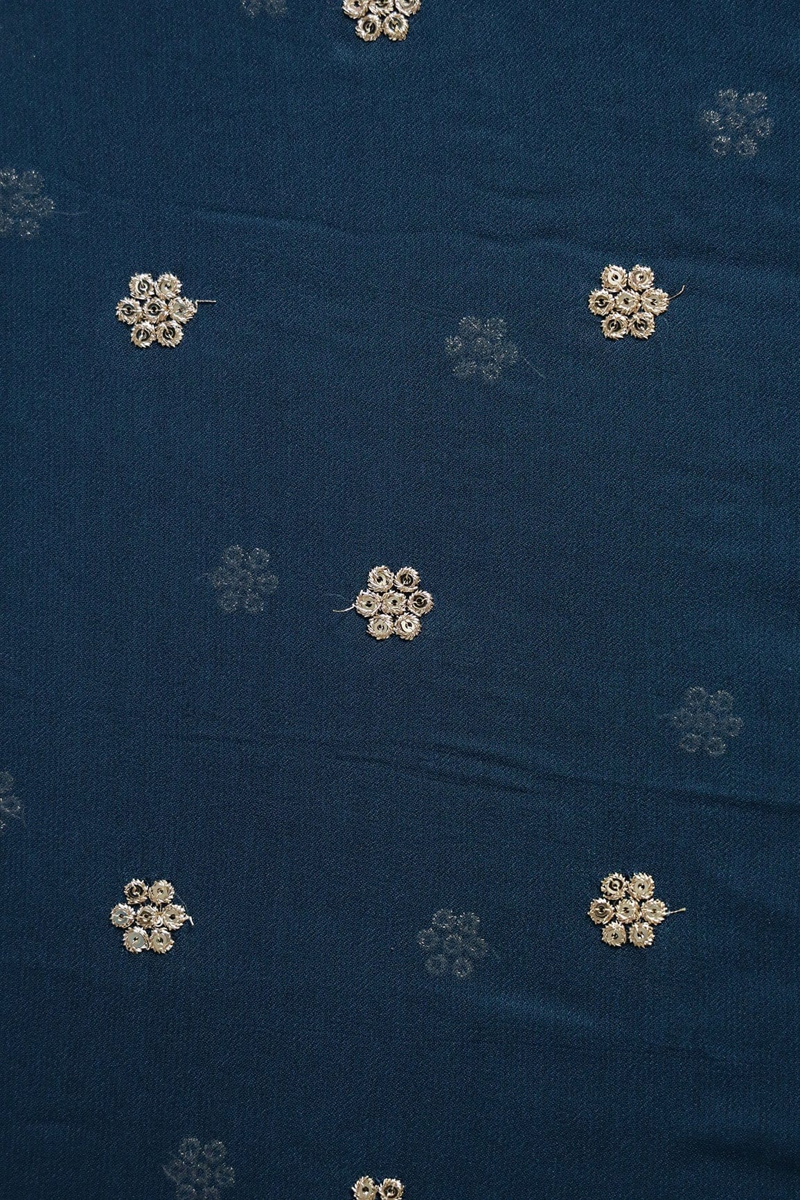 AIzaSyBcstauz-XMPRhEY21AUzeo032pxrXB5Ug - Gold Sequins With Gold Zari Small Motif Embroidery Work On Prussian Blue Georgette Fabric