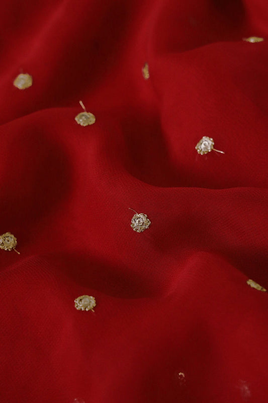AIzaSyBcstauz-XMPRhEY21AUzeo032pxrXB5Ug - Gold Sequins With Gold Zari Small Motif Embroidery Work On Red Georgette Fabric