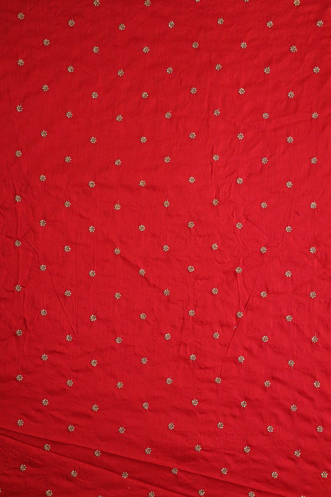 AIzaSyBcstauz-XMPRhEY21AUzeo032pxrXB5Ug - Gold Sequins With Gold Zari Small Motif Embroidery Work On Red Raw Silk Fabric