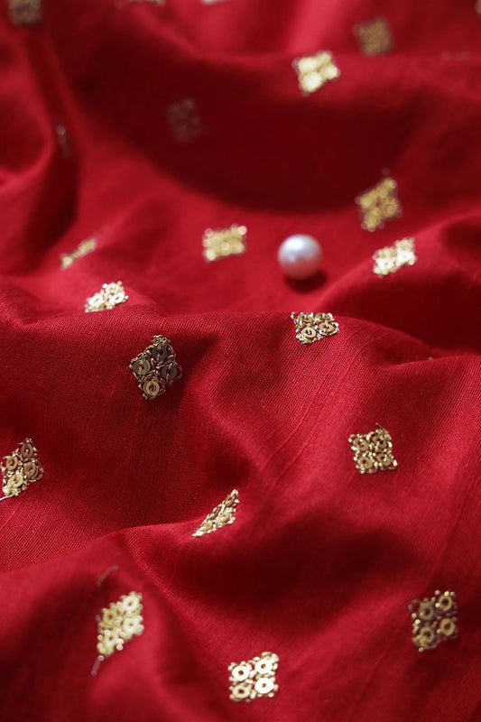 AIzaSyBcstauz-XMPRhEY21AUzeo032pxrXB5Ug - Gold Sequins With Gold Zari Small Motif Embroidery Work On Red Raw Silk Fabric