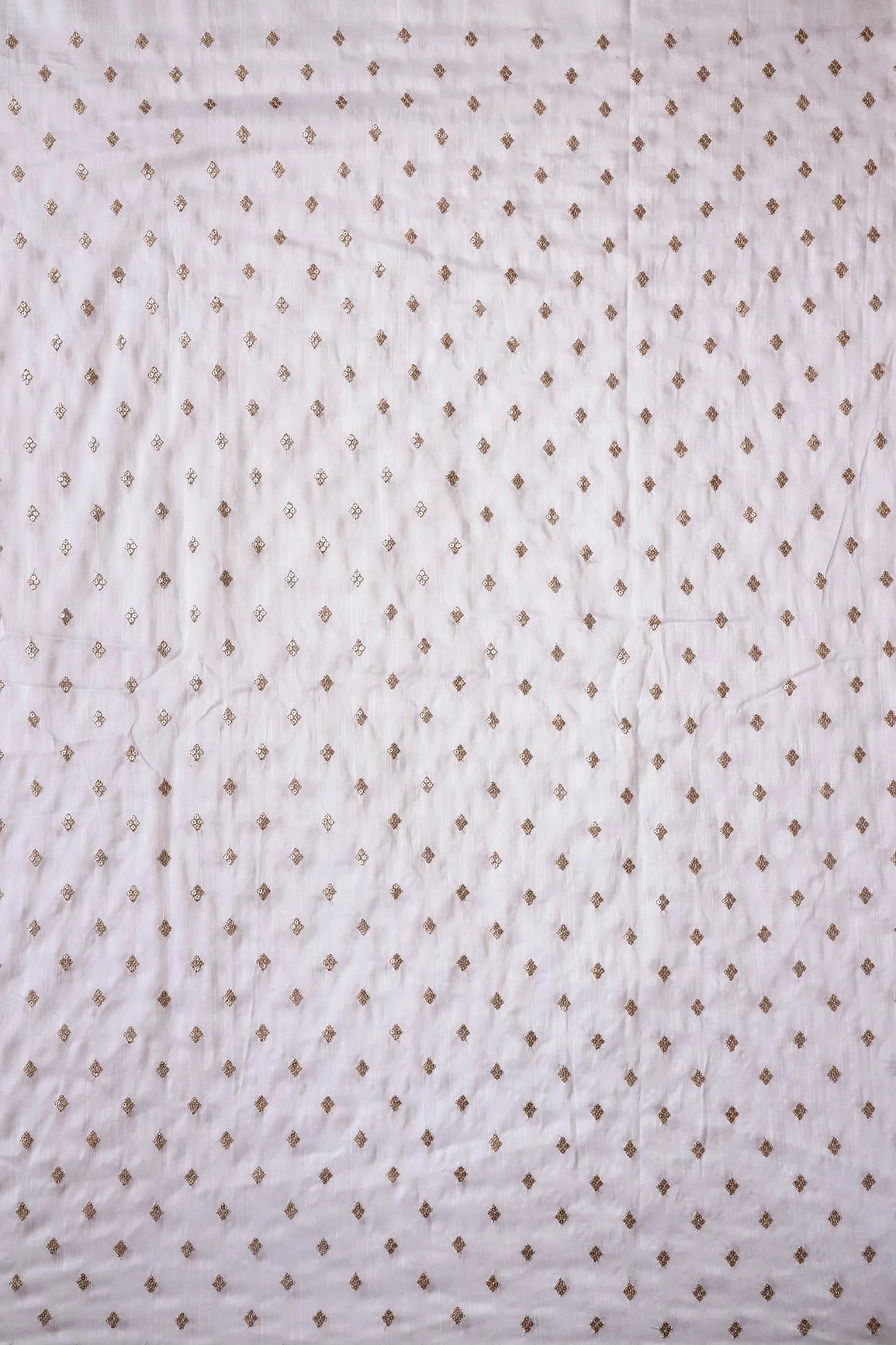AIzaSyBcstauz-XMPRhEY21AUzeo032pxrXB5Ug - Gold Sequins With Gold Zari Small Motif Embroidery Work On White Raw Silk Fabric