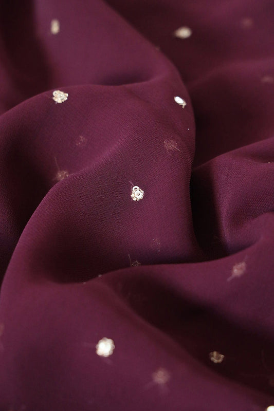 AIzaSyBcstauz-XMPRhEY21AUzeo032pxrXB5Ug - Gold Sequins With Gold Zari Small Motif Embroidery Work On Wine Georgette Fabric