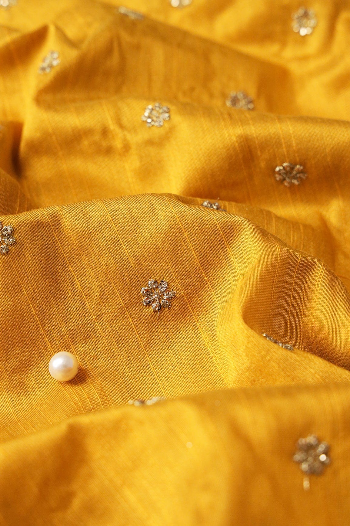 AIzaSyBcstauz-XMPRhEY21AUzeo032pxrXB5Ug - Gold Sequins With Gold Zari Small Motif Embroidery Work On Yellow Raw Silk Fabric