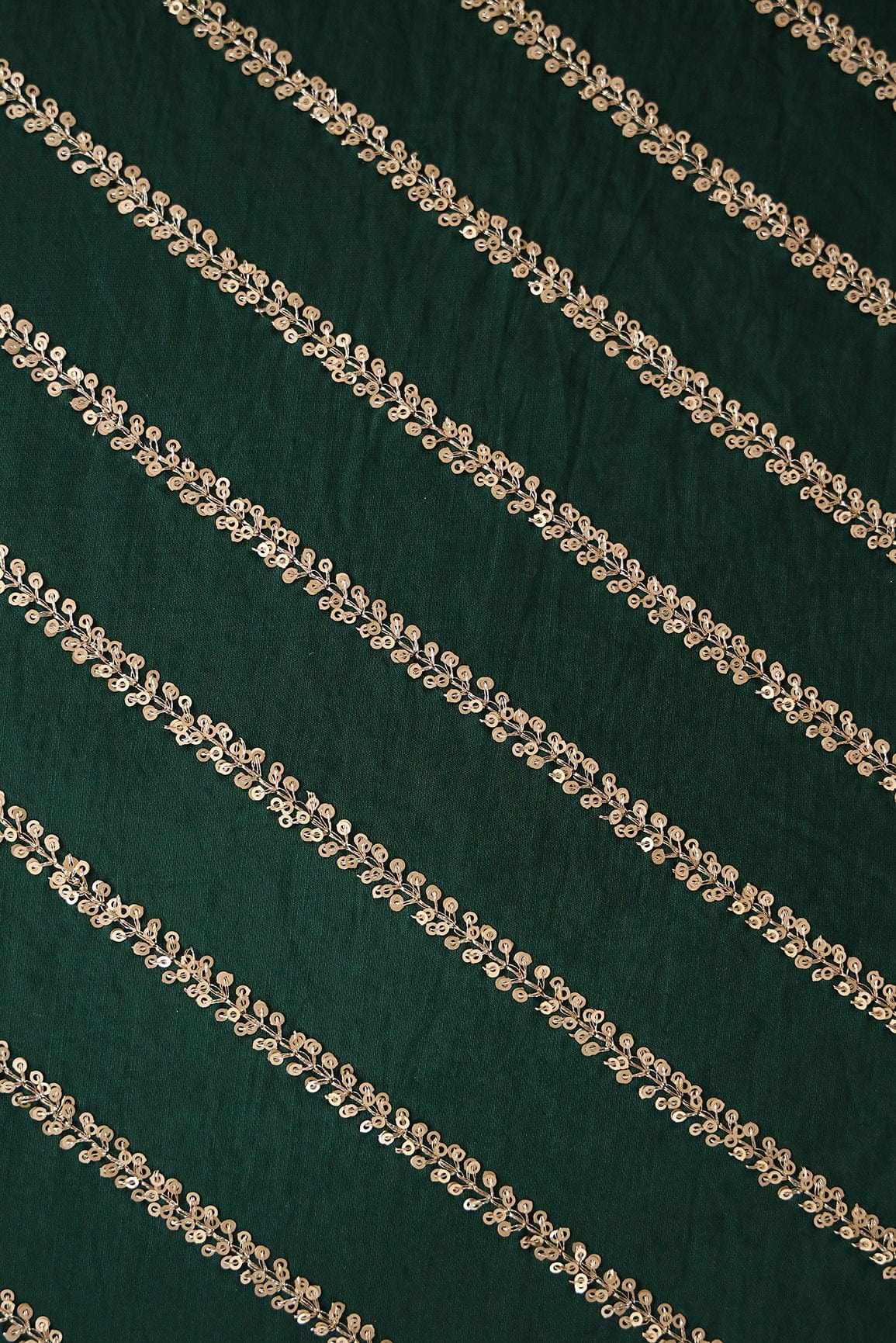 AIzaSyBcstauz-XMPRhEY21AUzeo032pxrXB5Ug - Gold Sequins With Gold Zari Stripes Embroidery Work On Bottle Green Raw Silk Fabric