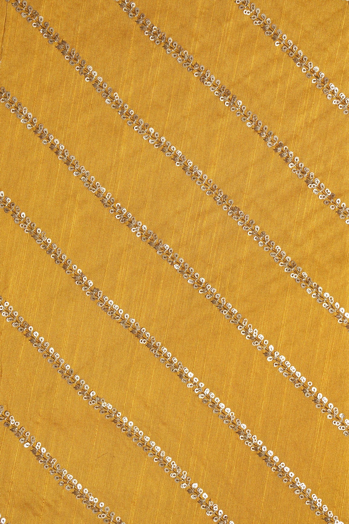 AIzaSyBcstauz-XMPRhEY21AUzeo032pxrXB5Ug - Gold Sequins With Gold Zari Stripes Embroidery Work On Mustard Yellow Raw Silk Fabric