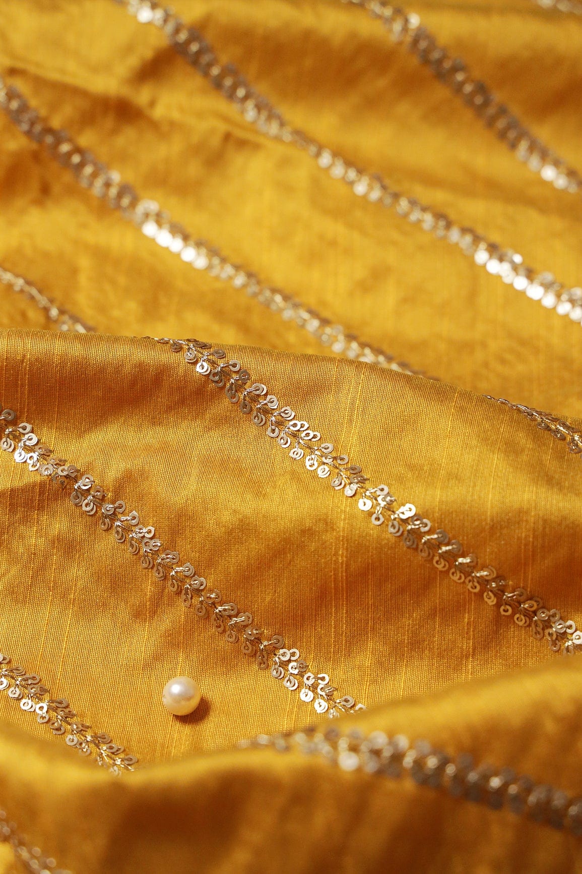 AIzaSyBcstauz-XMPRhEY21AUzeo032pxrXB5Ug - Gold Sequins With Gold Zari Stripes Embroidery Work On Mustard Yellow Raw Silk Fabric