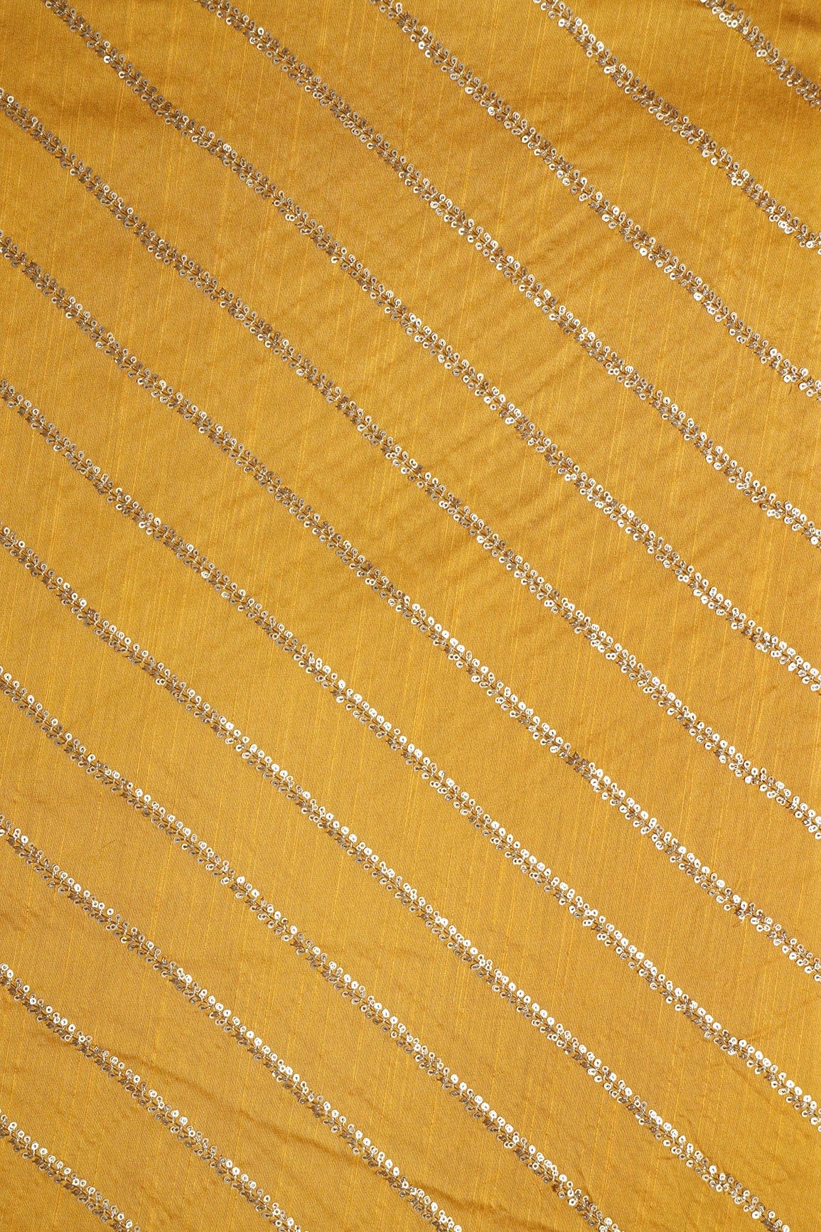 AIzaSyBcstauz-XMPRhEY21AUzeo032pxrXB5Ug - Gold Sequins With Gold Zari Stripes Embroidery Work On Mustard Yellow Raw Silk Fabric