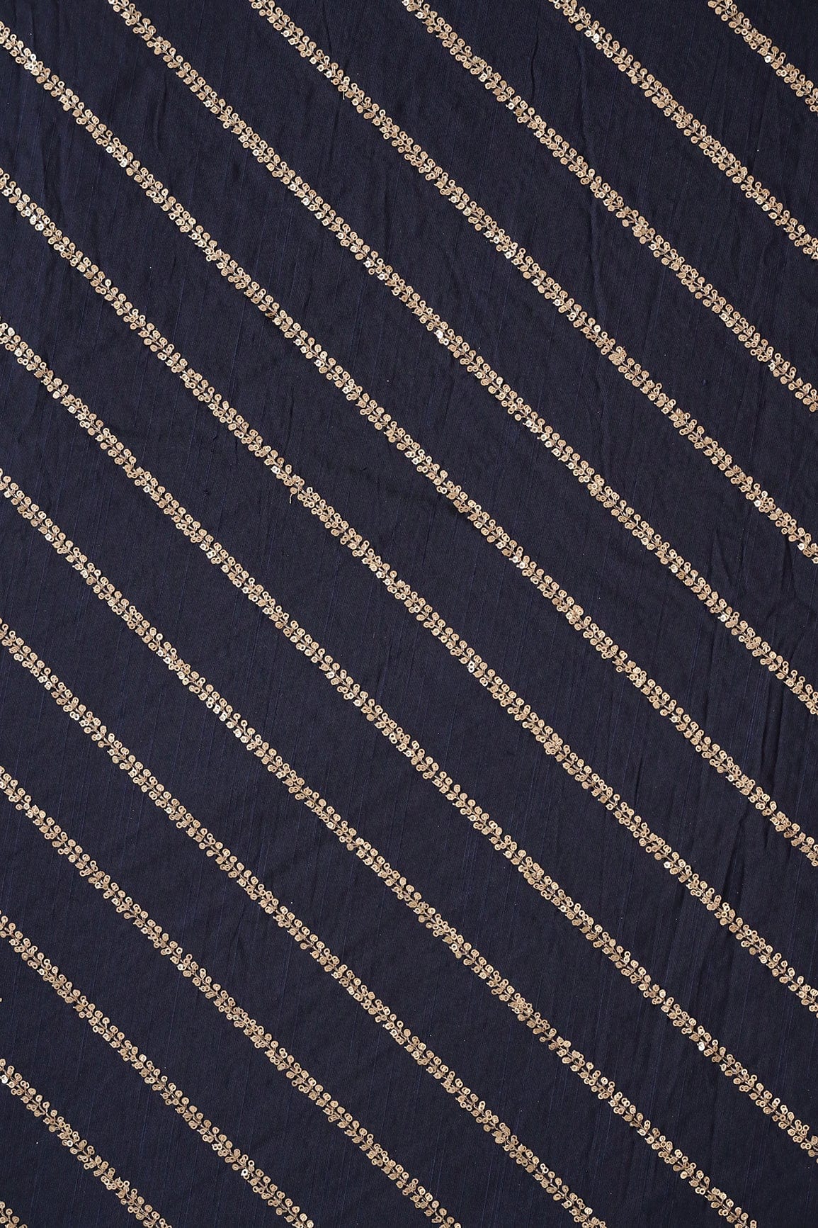 AIzaSyBcstauz-XMPRhEY21AUzeo032pxrXB5Ug - Gold Sequins With Gold Zari Stripes Embroidery Work On Navy Blue Raw Silk Fabric