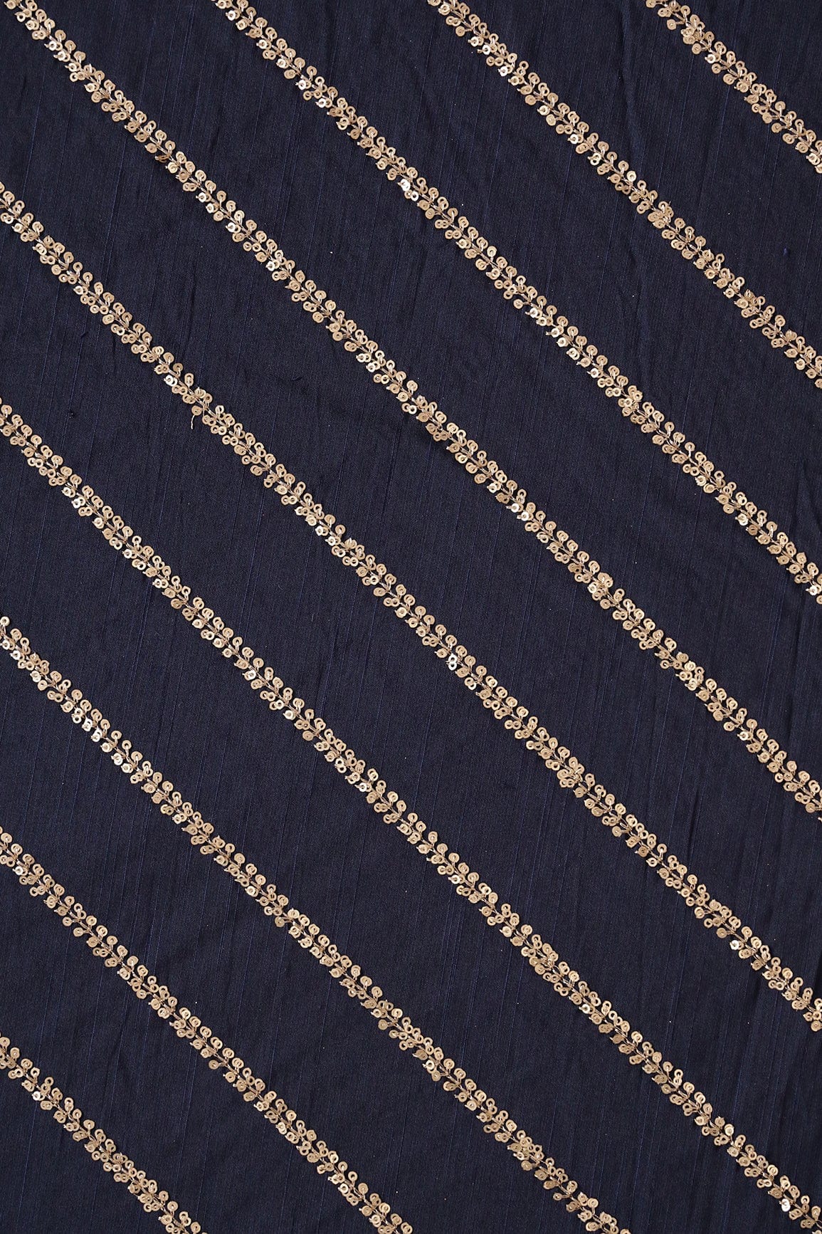 AIzaSyBcstauz-XMPRhEY21AUzeo032pxrXB5Ug - Gold Sequins With Gold Zari Stripes Embroidery Work On Navy Blue Raw Silk Fabric