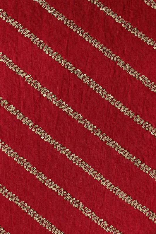 AIzaSyBcstauz-XMPRhEY21AUzeo032pxrXB5Ug - Gold Sequins With Gold Zari Stripes Embroidery Work On Red Raw Silk Fabric
