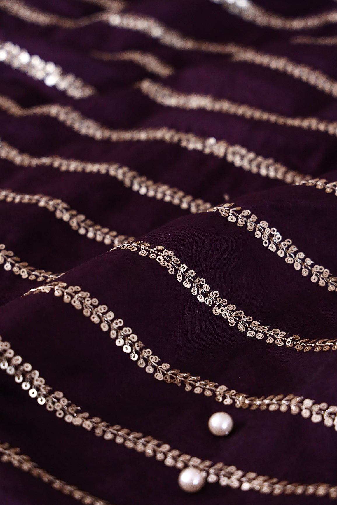 AIzaSyBcstauz-XMPRhEY21AUzeo032pxrXB5Ug - Gold Sequins With Gold Zari Stripes Embroidery Work On Wine Raw Silk Fabric
