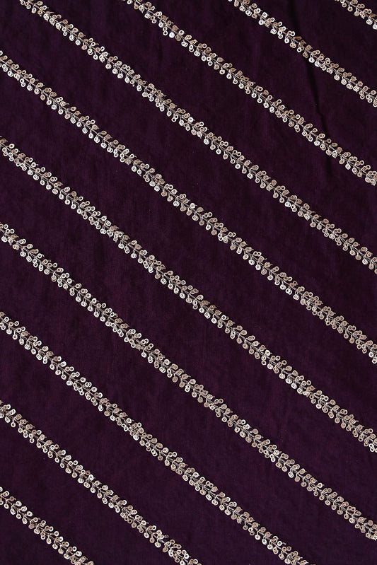 AIzaSyBcstauz-XMPRhEY21AUzeo032pxrXB5Ug - Gold Sequins With Gold Zari Stripes Embroidery Work On Wine Raw Silk Fabric